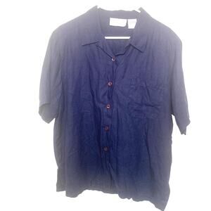 Edward Linen Button Up Vintage Top XL Navy Blue Short Sleeves 100%  Linen Office
